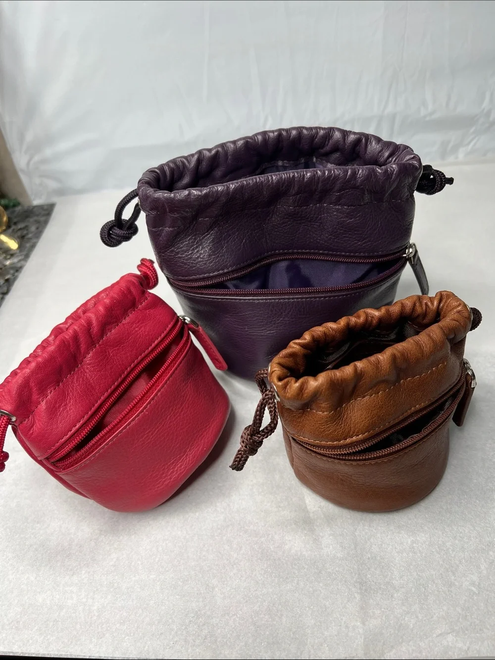 Kaehler Leather Set of 3 Multicolor Travel Cinch Bags
